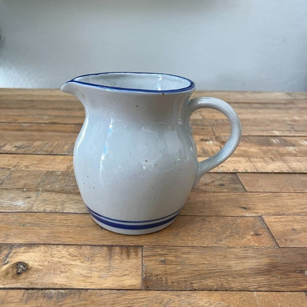 Vintage Ceramic Farmhouse Milk Pitcher 5" Ivory Blue Painted Bands Glossy